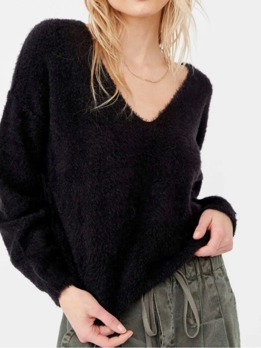 Free People Black Fuzzy V-Neck Sweater